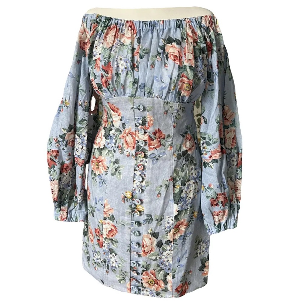 ZIMMERMANN Blue Floral Boho Print Off the Shoulder Puff Sleeve Bowie Dress